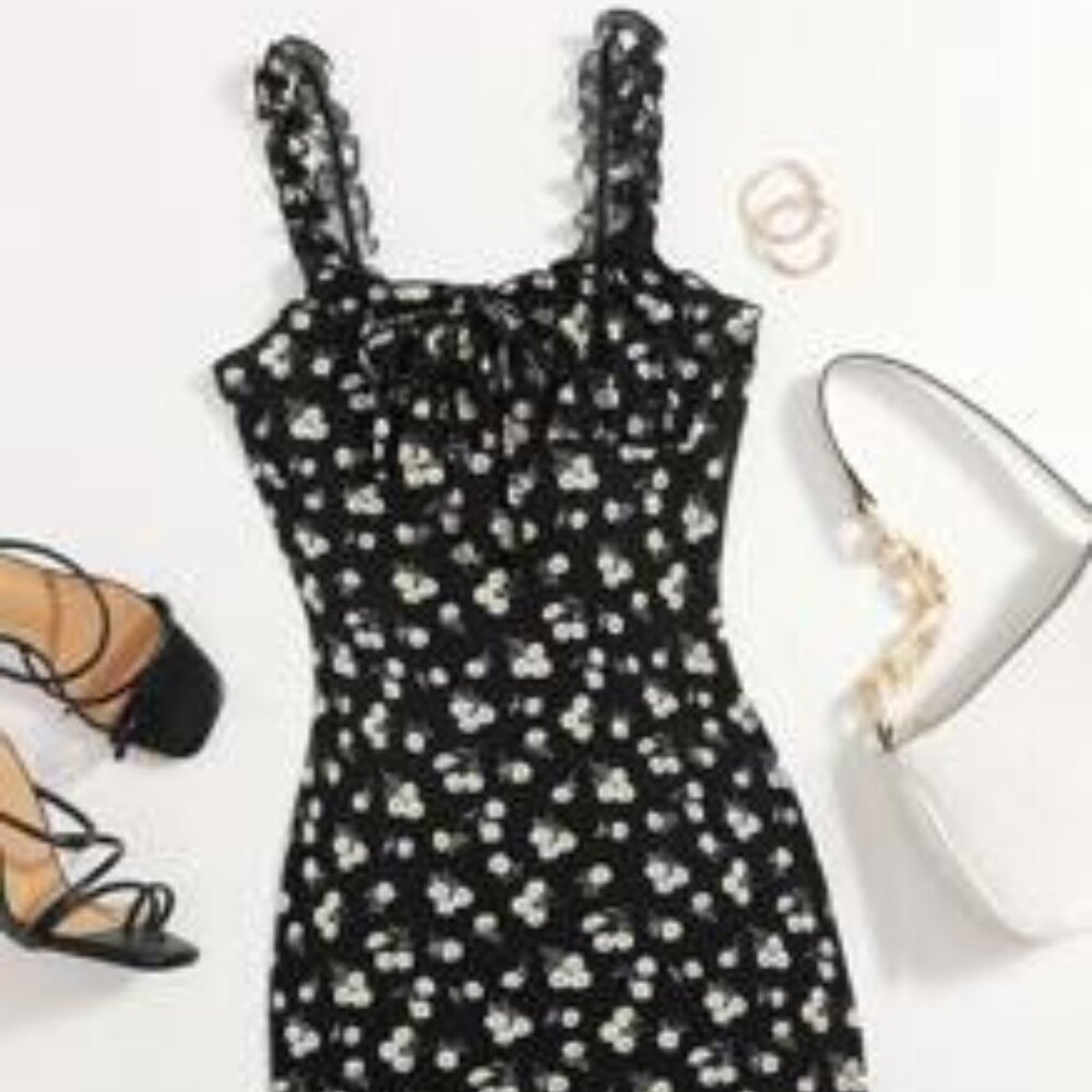 Frilled strap tie daisy floral dress